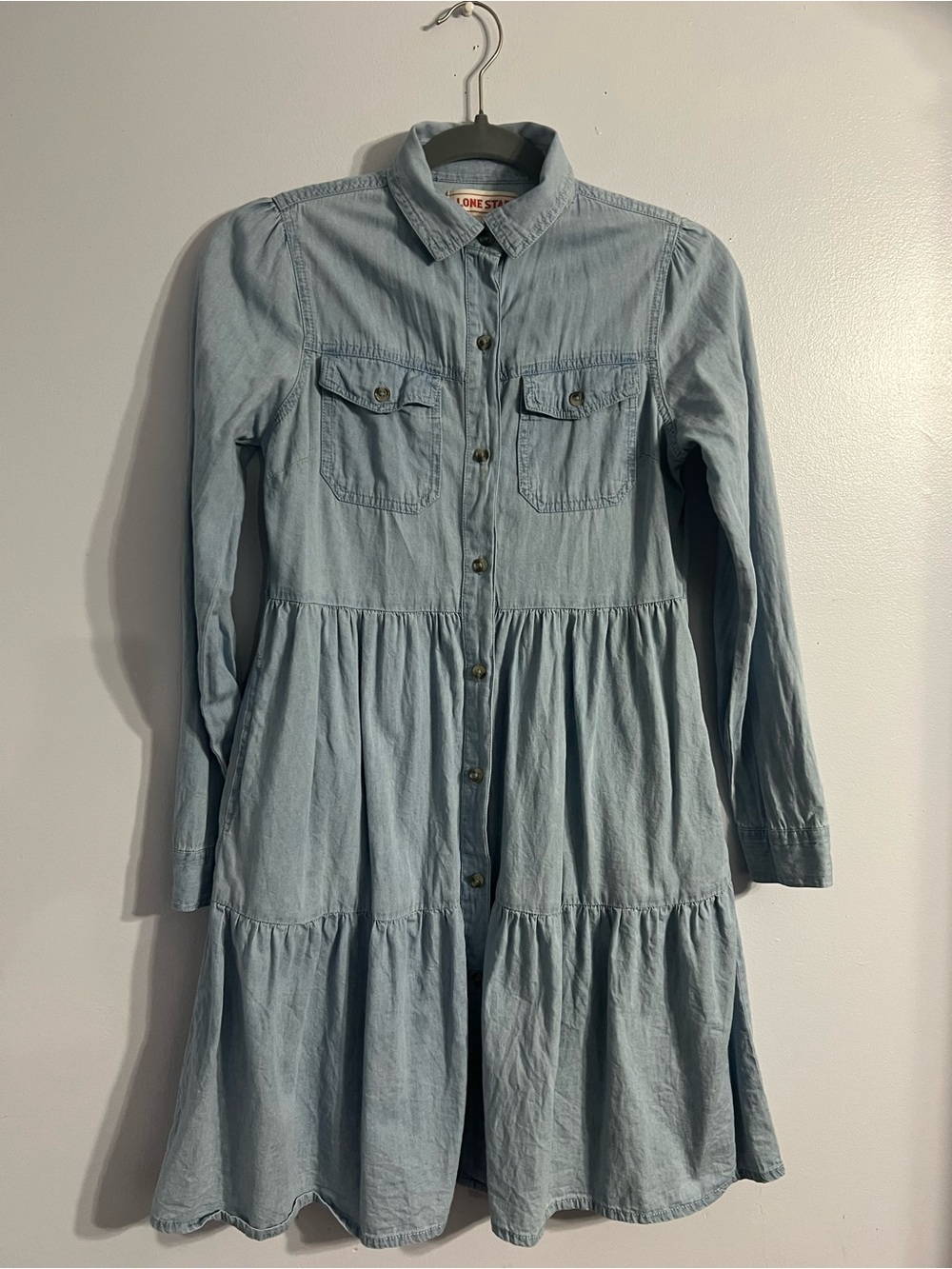 Light Blue Denim Tiered Long-Sleeve Shirt Dress with Pockets by LONE STAR